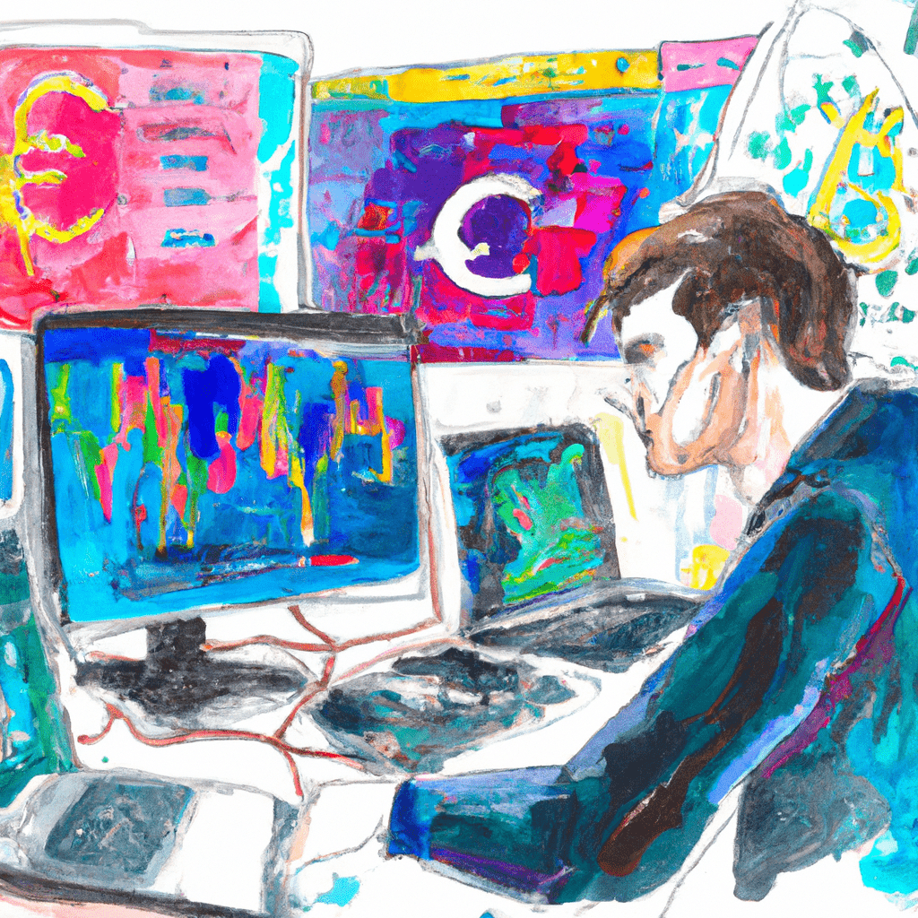 A vibrant image of a person surrounded by computer screens displaying cryptocurrency charts and graphs, representing the exciting and dynamic world of crypto trading.