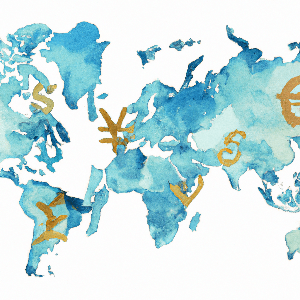 A world map with currency symbols.
