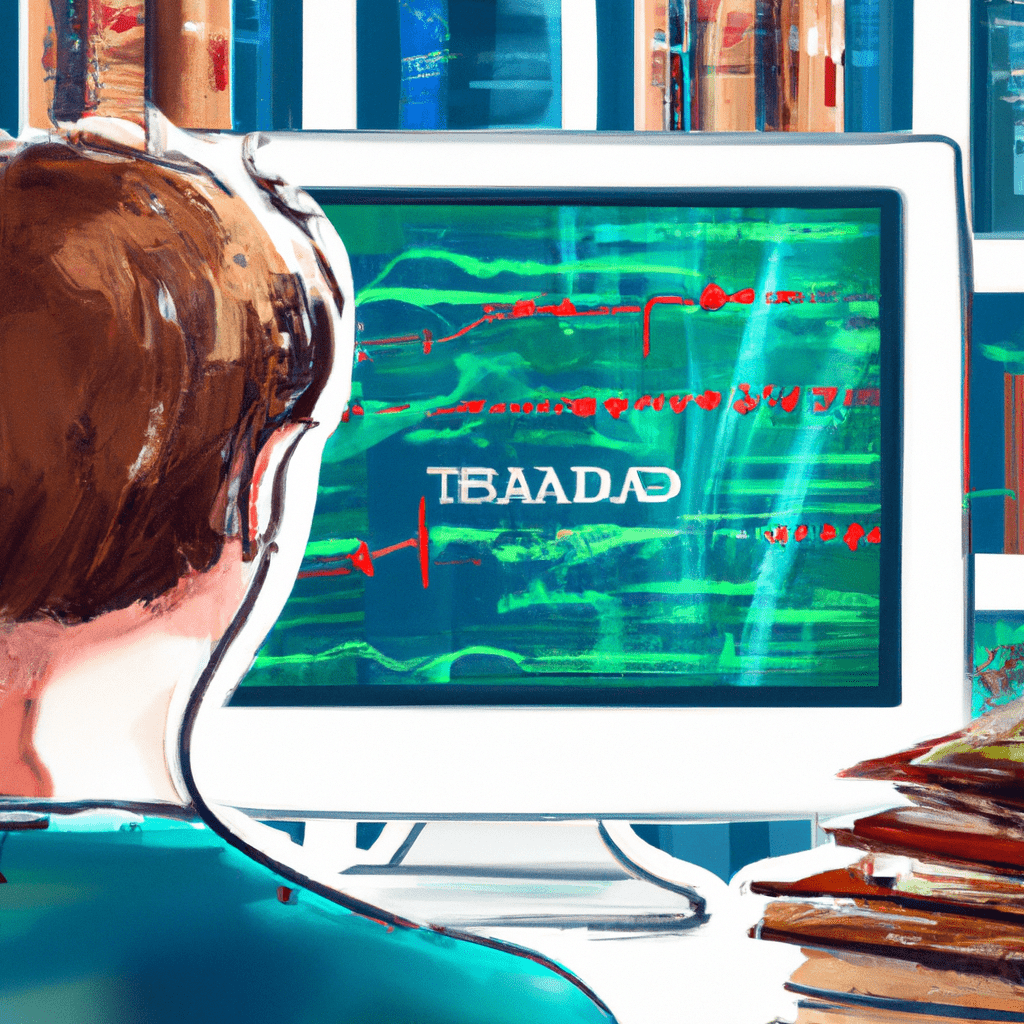 An image of a new trader studying trading charts and strategies on a computer screen, surrounded by books and educational resources.