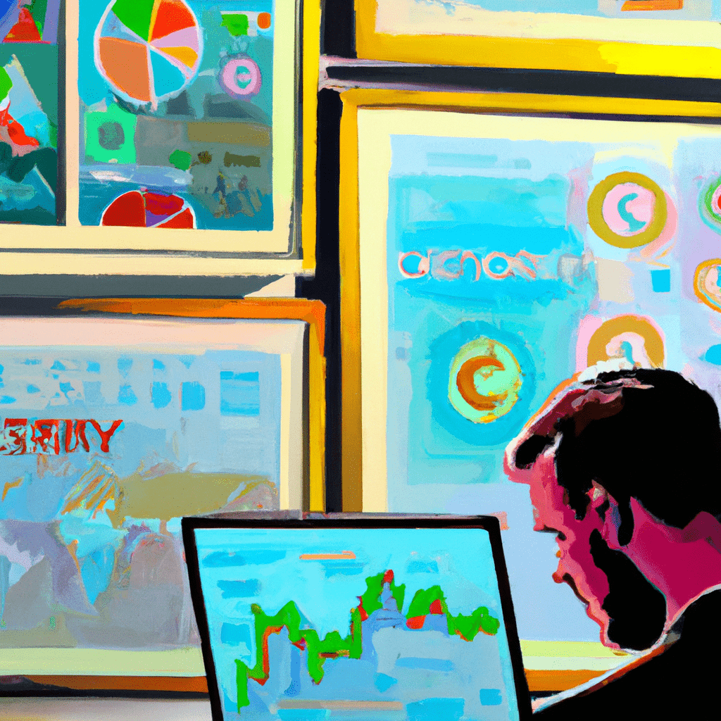 An image of a person analyzing cryptocurrency charts while surrounded by news articles and technological diagrams.