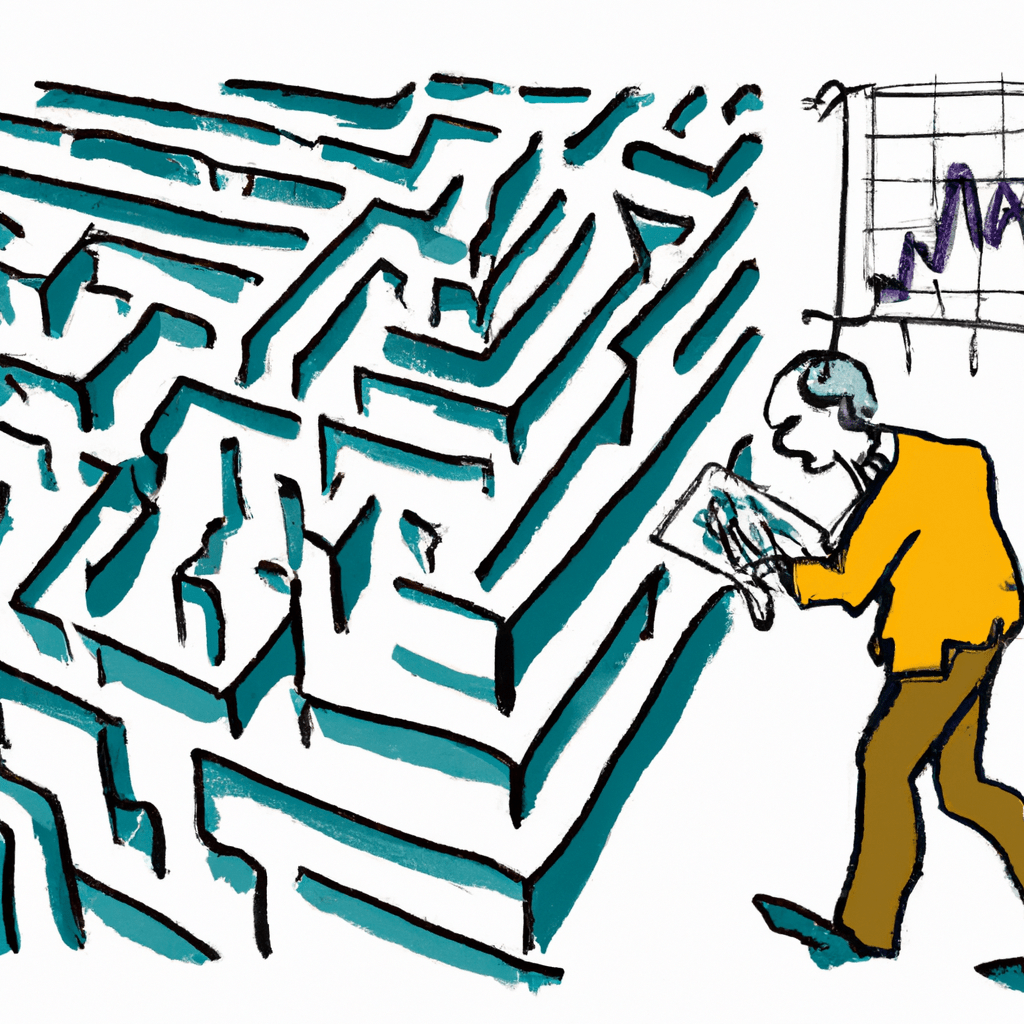 An image of a person carefully navigating a maze of financial charts and graphs.