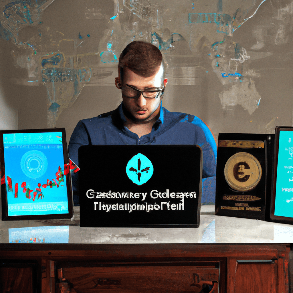 An image of a person sitting at a computer desk with multiple screens displaying cryptocurrency charts, surrounded by books and charts, representing the knowledge, skill, and strategy needed for successful crypto trading.