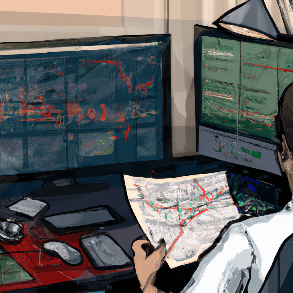 An image of a trader analyzing forex charts and indicators on a computer screen, surrounded by financial newspapers and economic reports.