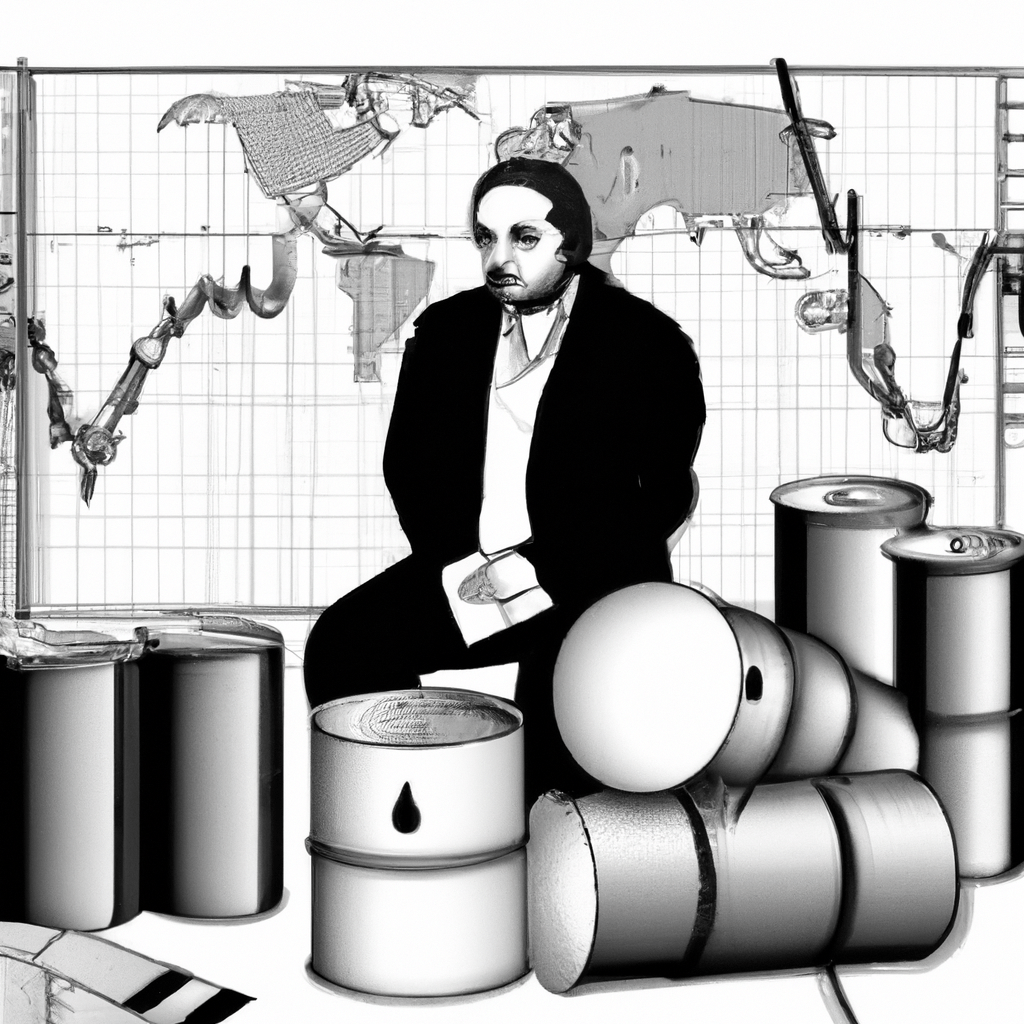 An image of a trader surrounded by charts and graphs, with oil barrels and golden coins symbolizing volatility and potential profits.